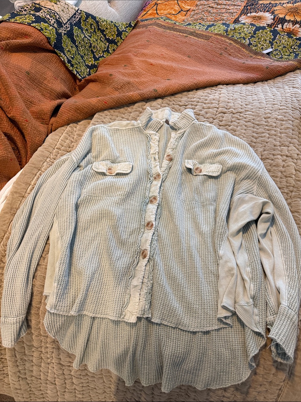 Free People Light green Waffle-Knit Button-Up Sweater Shirt
